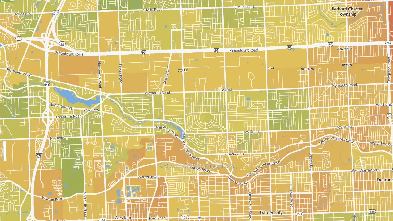 Map of the best neighborhoods in the 48150 area, with better matches in green and worse matches in red