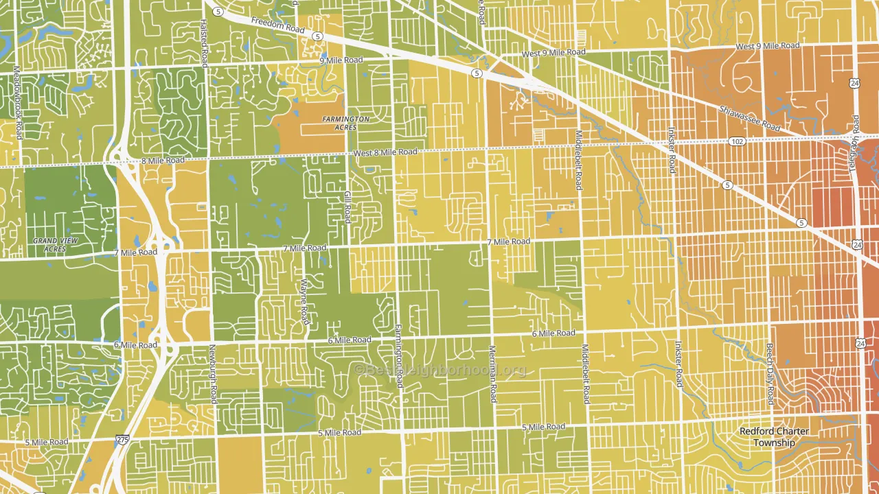 Map of the best neighborhoods in the 48152 area, with better matches in green and worse matches in red