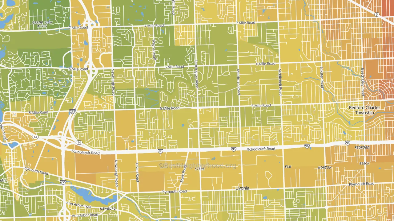 Map of the best neighborhoods in the 48154 area, with better matches in green and worse matches in red