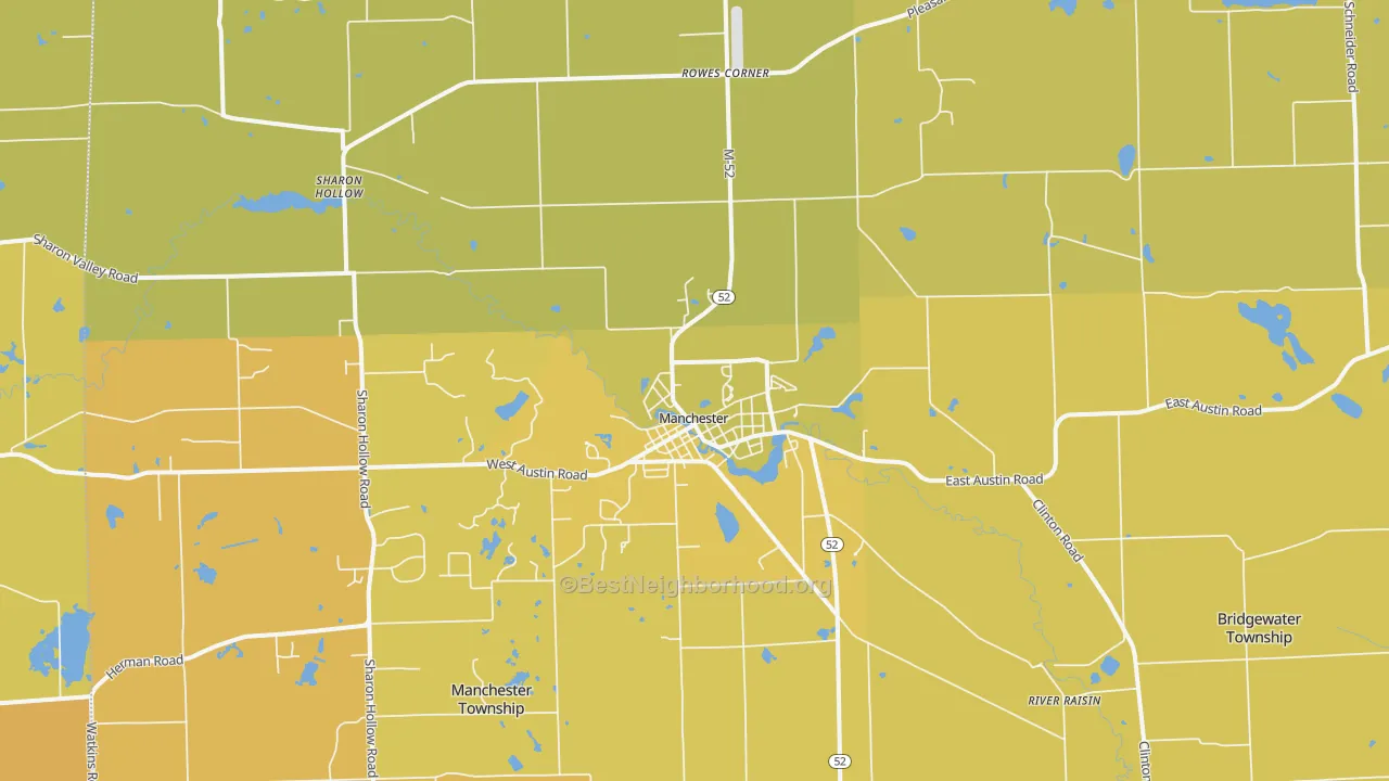 Map of the best neighborhoods in the 48158 area, with better matches in green and worse matches in red