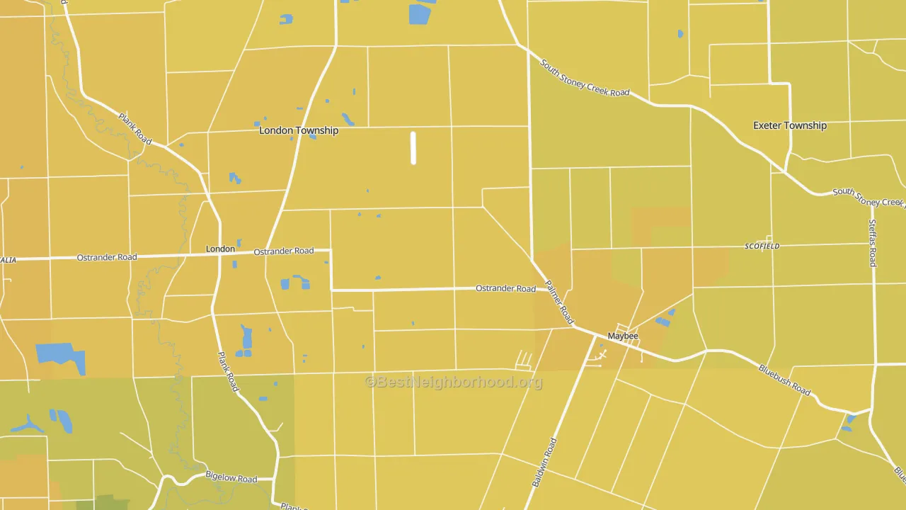 Map of the best neighborhoods in the 48159 area, with better matches in green and worse matches in red
