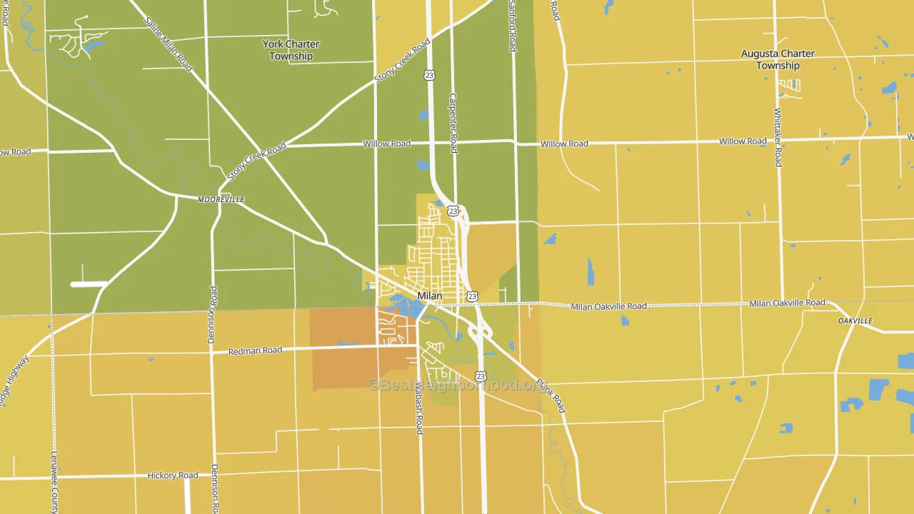 Map of the best neighborhoods in the 48160 area, with better matches in green and worse matches in red