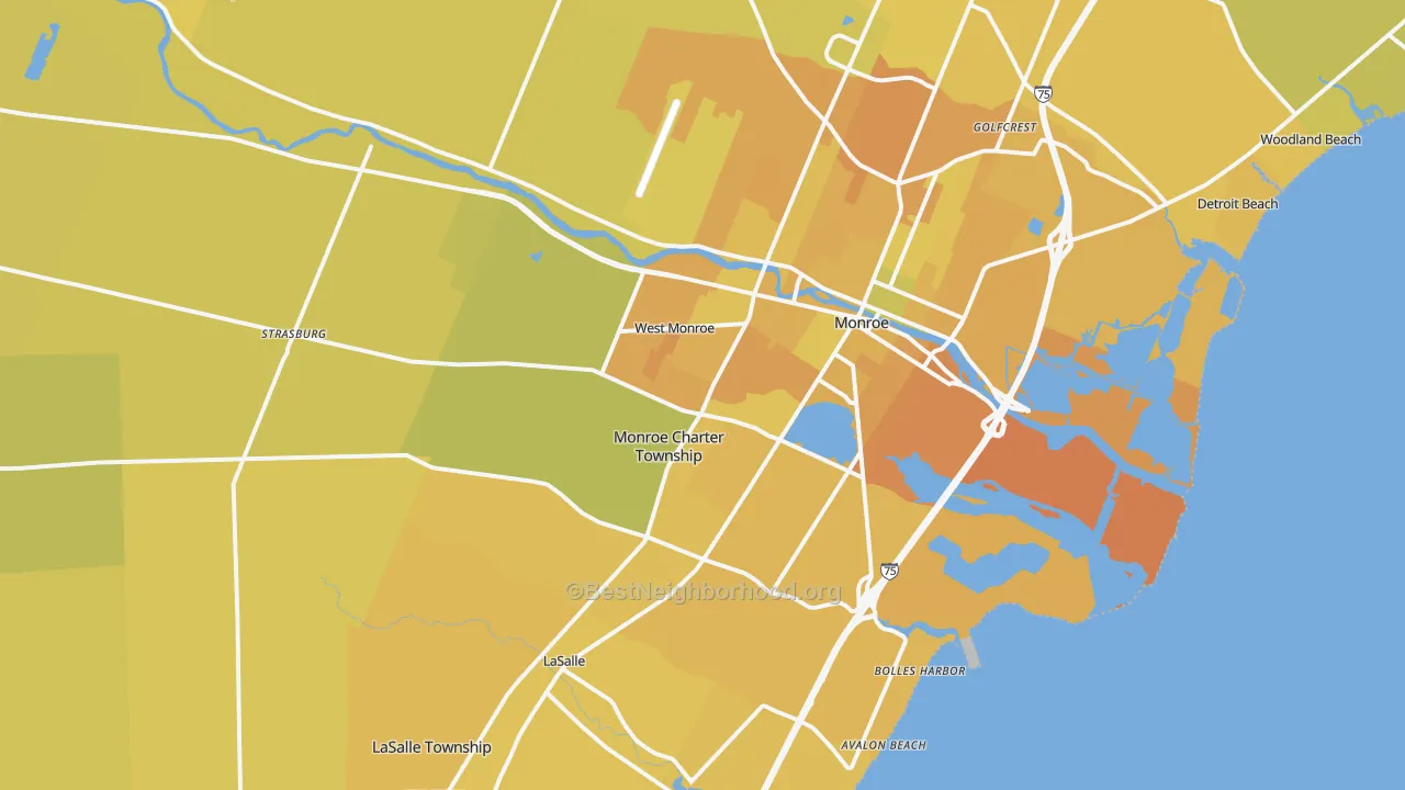 Map of the best neighborhoods in the 48161 area, with better matches in green and worse matches in red