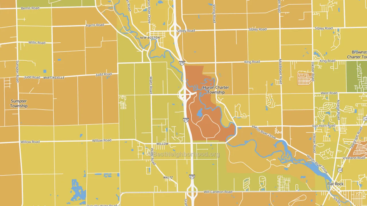 Map of the best neighborhoods in the 48164 area, with better matches in green and worse matches in red