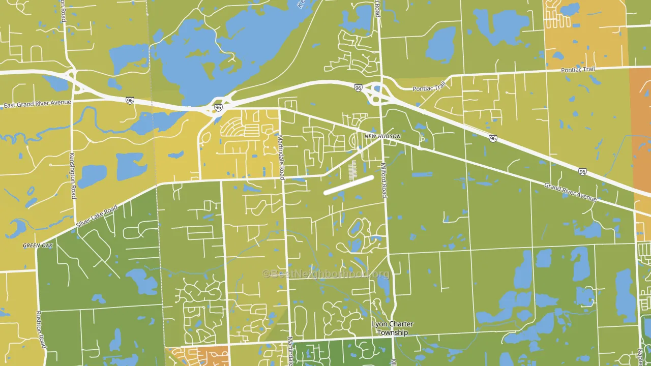 Map of the best neighborhoods in the 48165 area, with better matches in green and worse matches in red