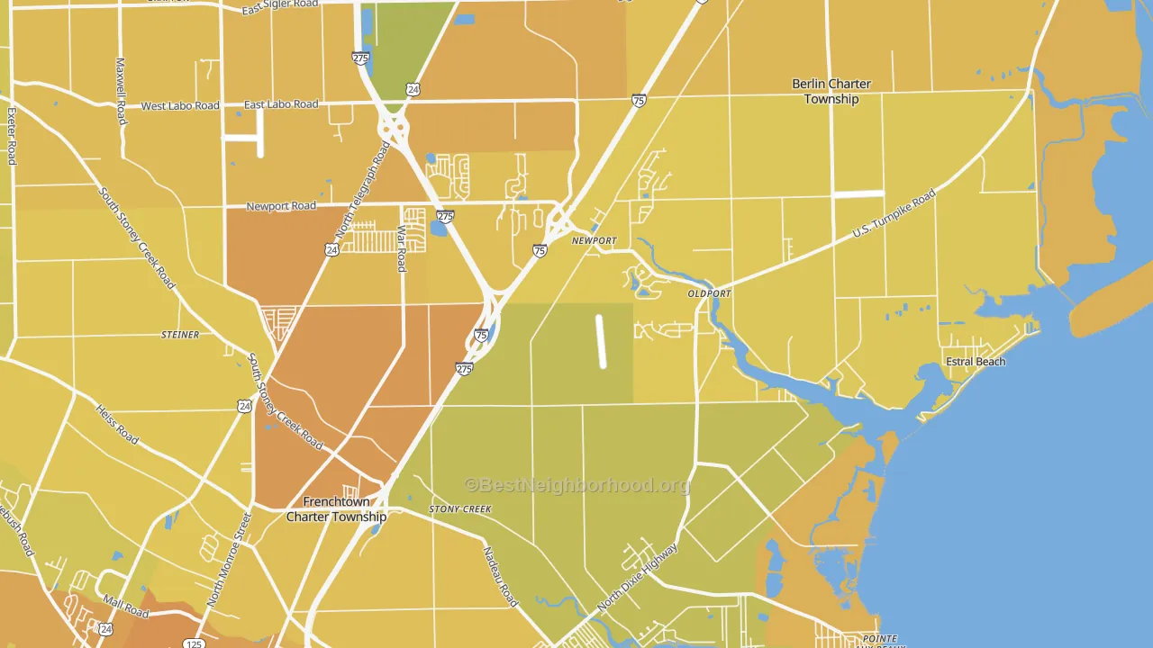 Map of the best neighborhoods in the 48166 area, with better matches in green and worse matches in red
