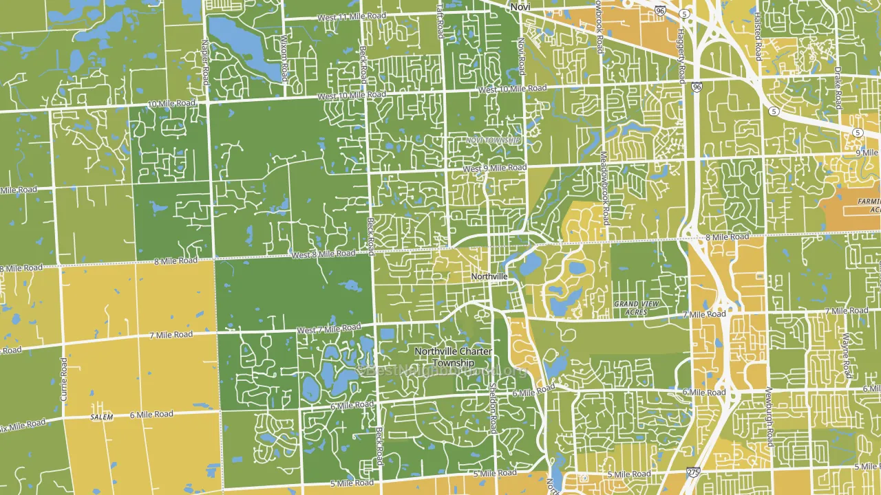 Map of the best neighborhoods in the 48167 area, with better matches in green and worse matches in red