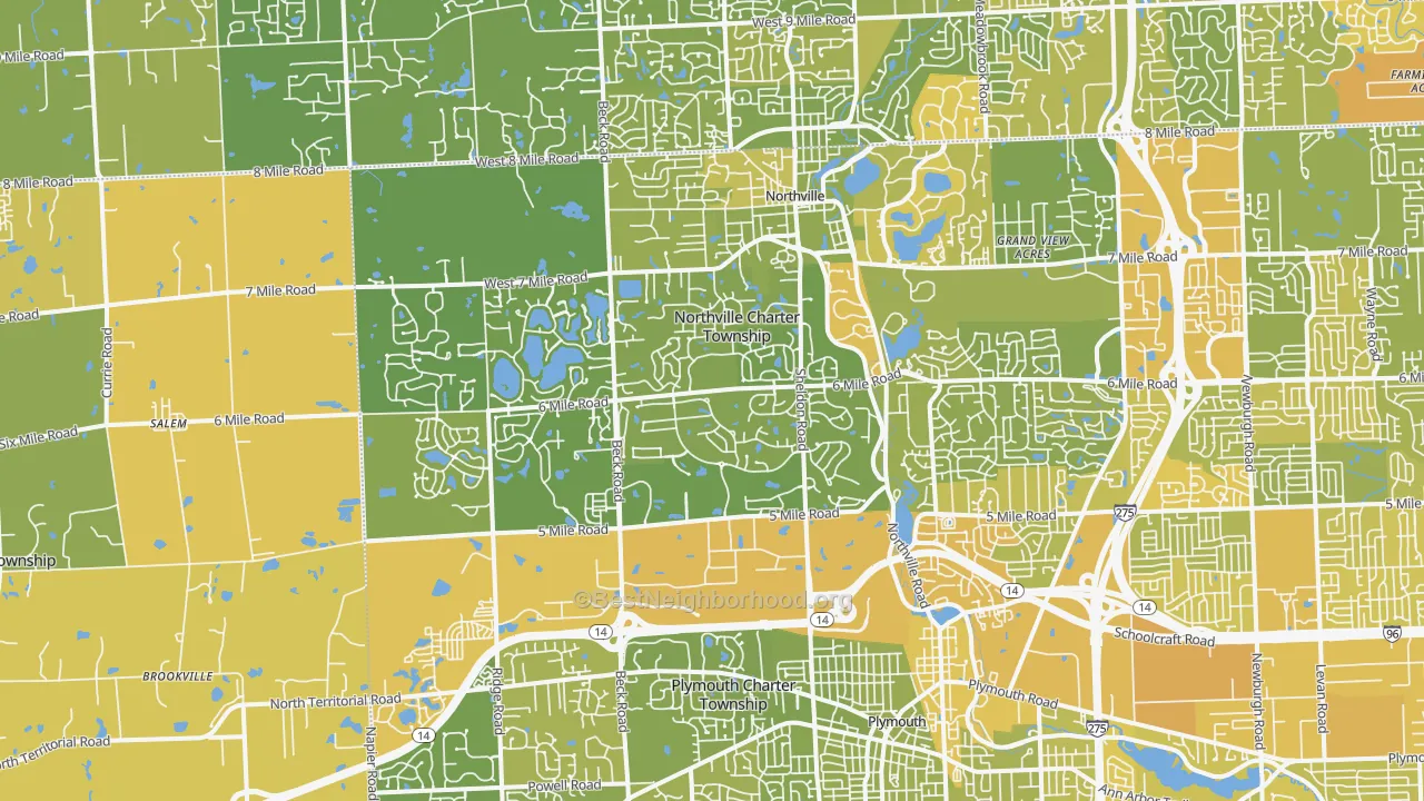 Map of the best neighborhoods in the 48168 area, with better matches in green and worse matches in red