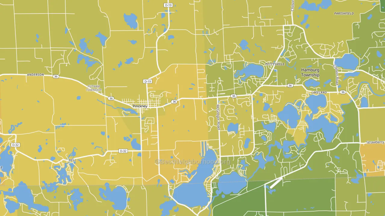 Map of the best neighborhoods in the 48169 area, with better matches in green and worse matches in red