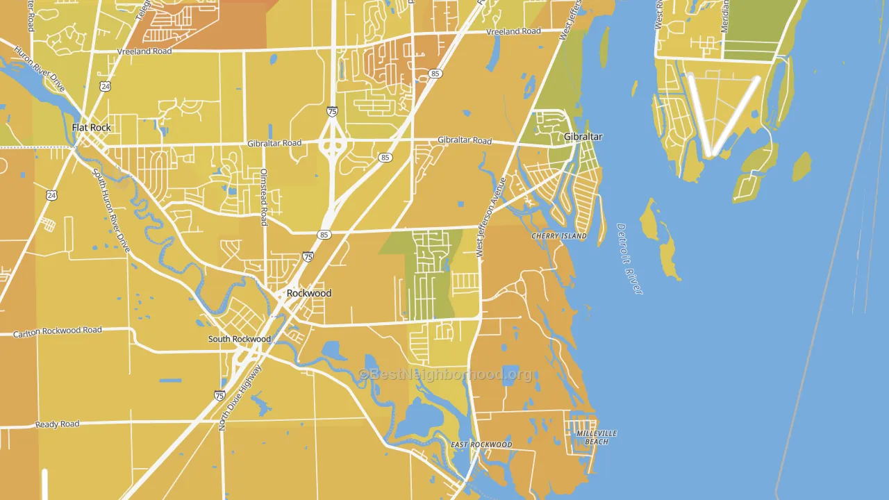 Map of the best neighborhoods in the 48173 area, with better matches in green and worse matches in red