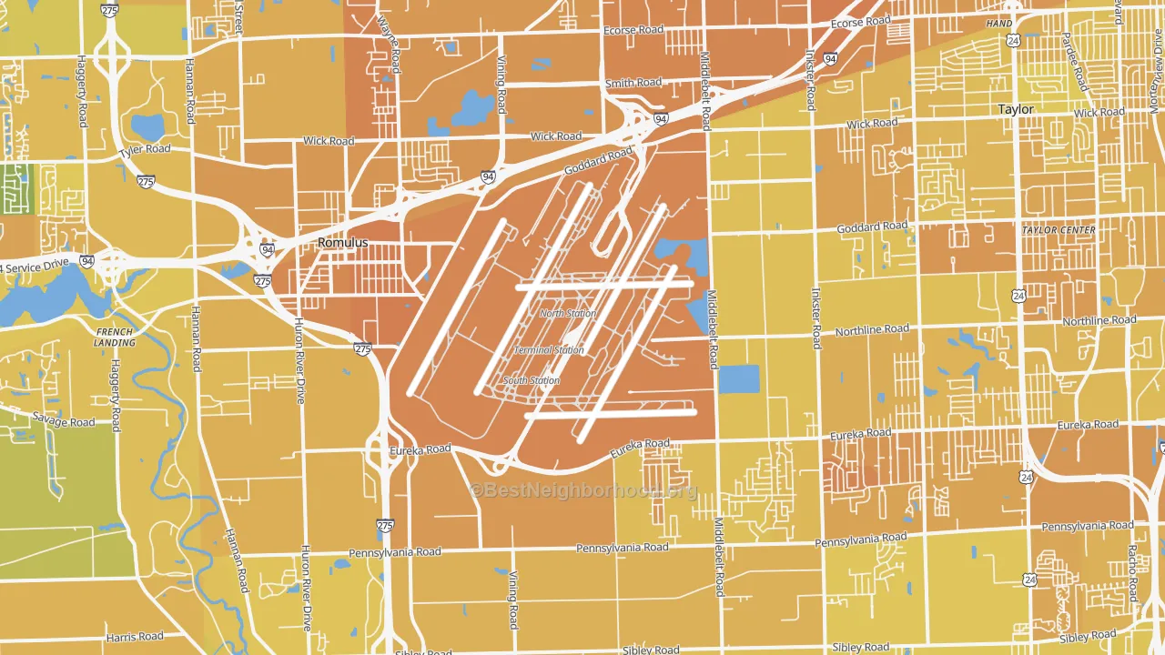 Map of the best neighborhoods in the 48174 area, with better matches in green and worse matches in red
