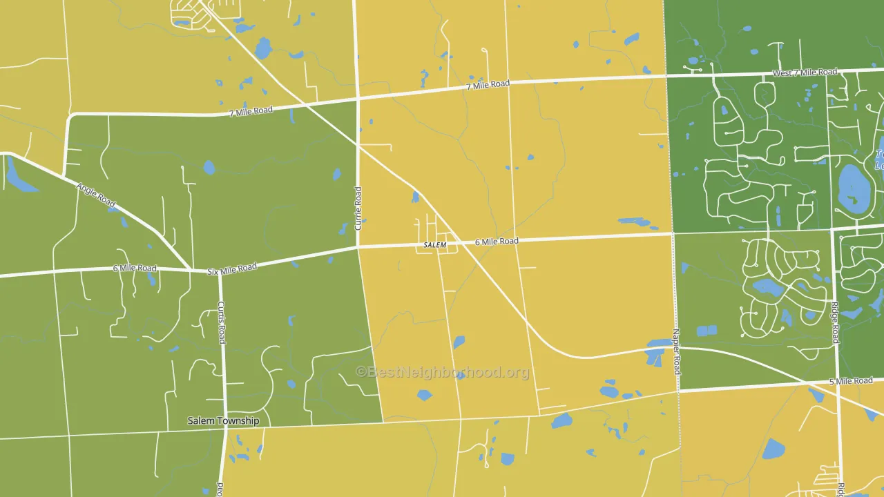 Map of the best neighborhoods in the 48175 area, with better matches in green and worse matches in red