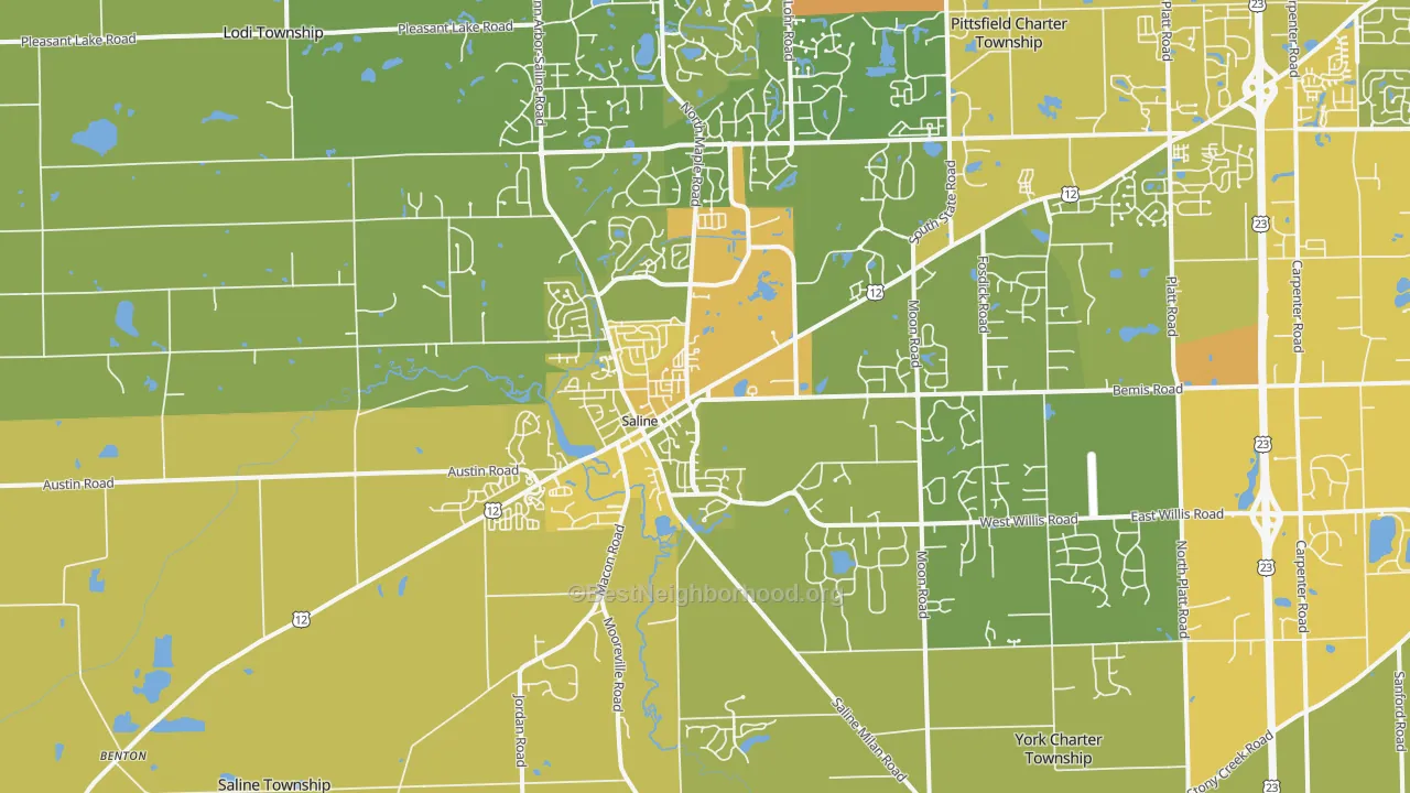 Map of the best neighborhoods in the 48176 area, with better matches in green and worse matches in red
