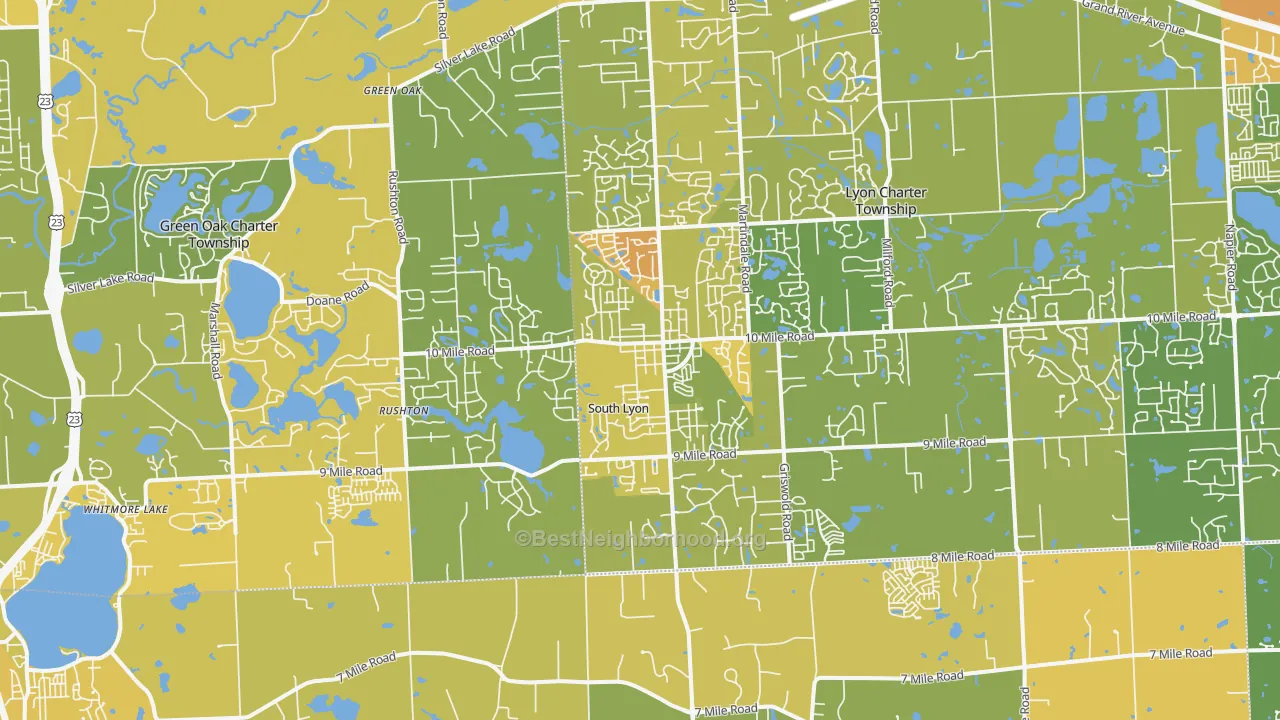 Map of the best neighborhoods in the 48178 area, with better matches in green and worse matches in red