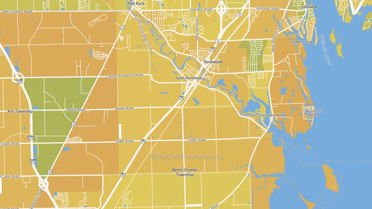 Map of the best neighborhoods in the 48179 area, with better matches in green and worse matches in red