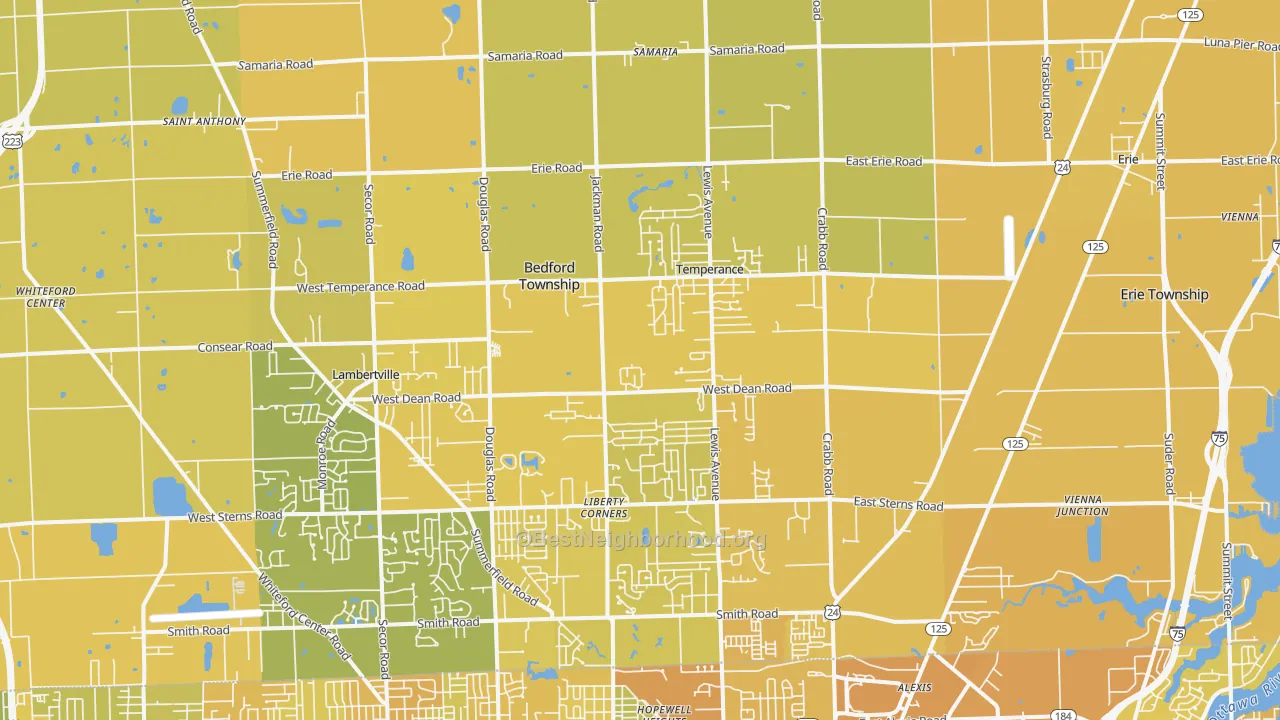 Map of the best neighborhoods in the 48182 area, with better matches in green and worse matches in red