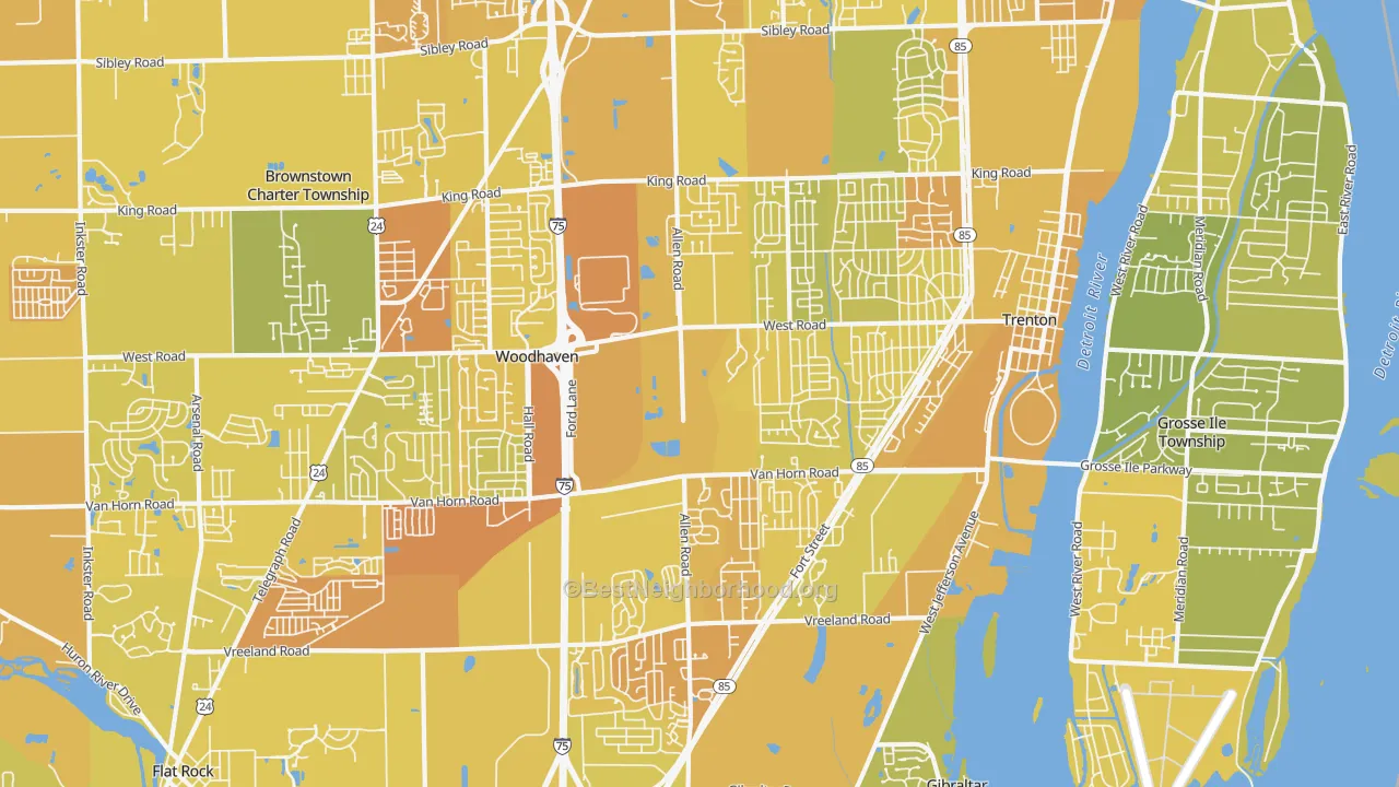 Map of the best neighborhoods in the 48183 area, with better matches in green and worse matches in red
