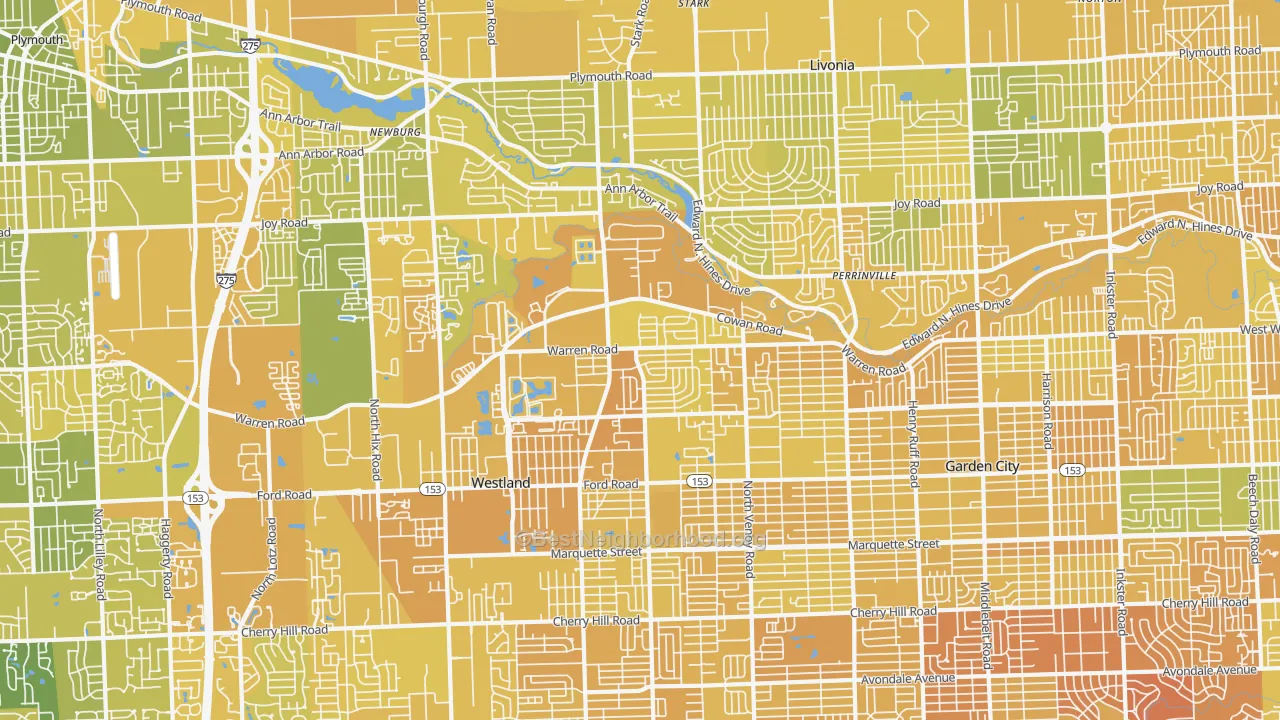 Map of the best neighborhoods in the 48185 area, with better matches in green and worse matches in red