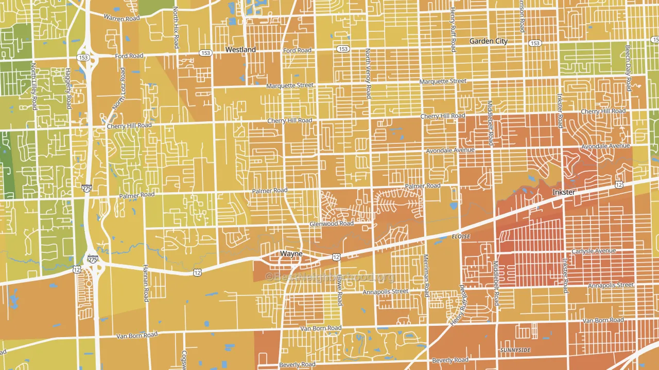 Map of the best neighborhoods in the 48186 area, with better matches in green and worse matches in red
