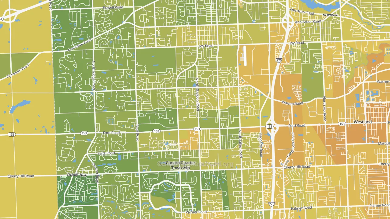 Map of the best neighborhoods in the 48187 area, with better matches in green and worse matches in red