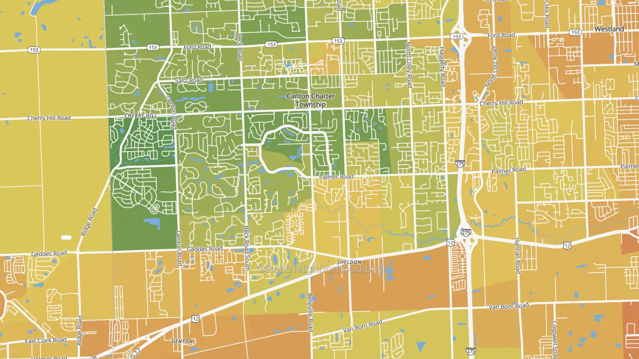 Map of the best neighborhoods in the 48188 area, with better matches in green and worse matches in red
