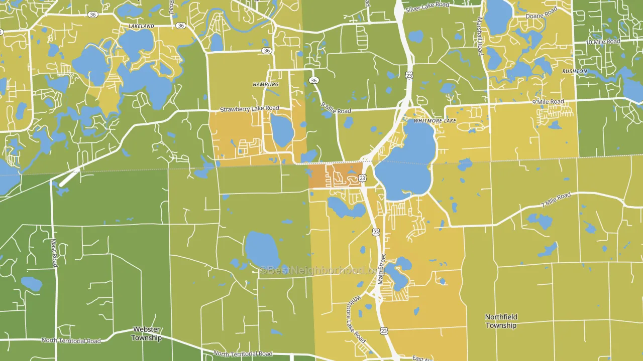 Map of the best neighborhoods in the 48189 area, with better matches in green and worse matches in red