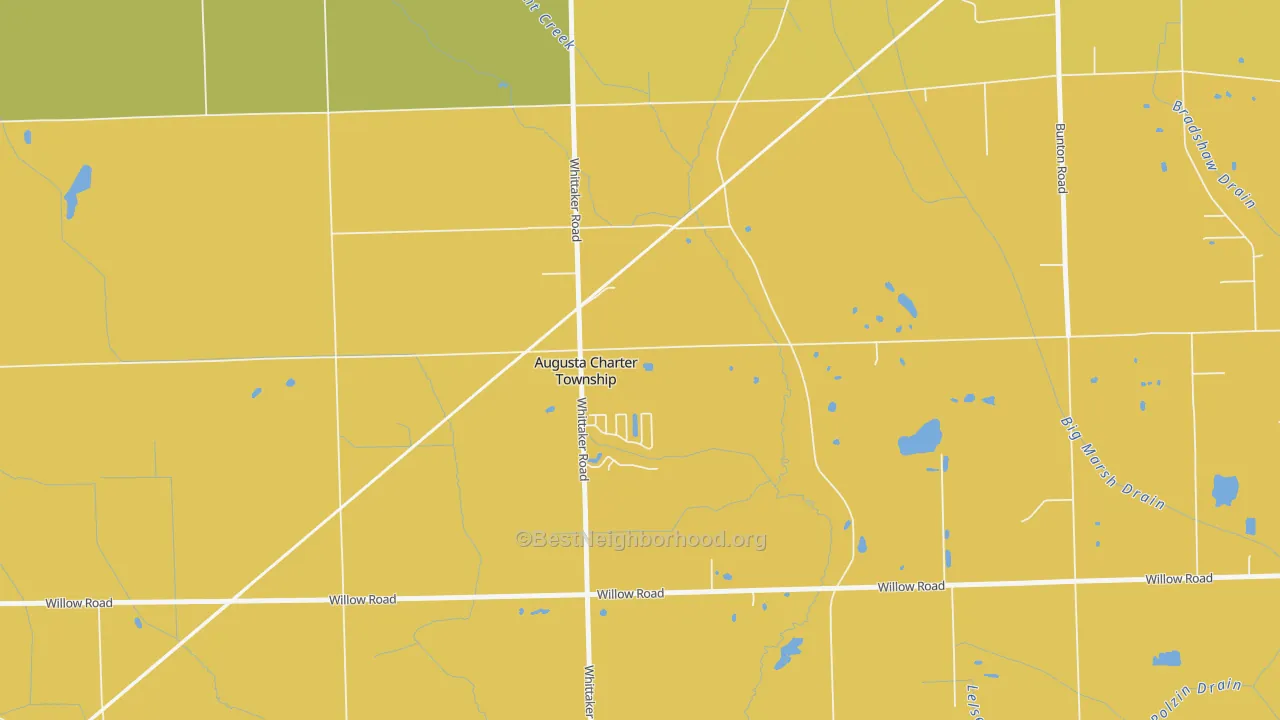 Map of the best neighborhoods in the 48190 area, with better matches in green and worse matches in red