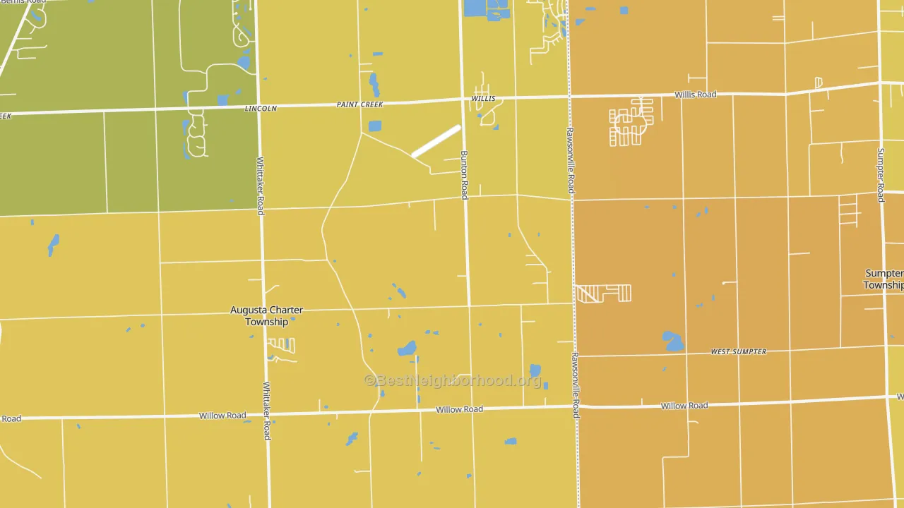 Map of the best neighborhoods in the 48191 area, with better matches in green and worse matches in red