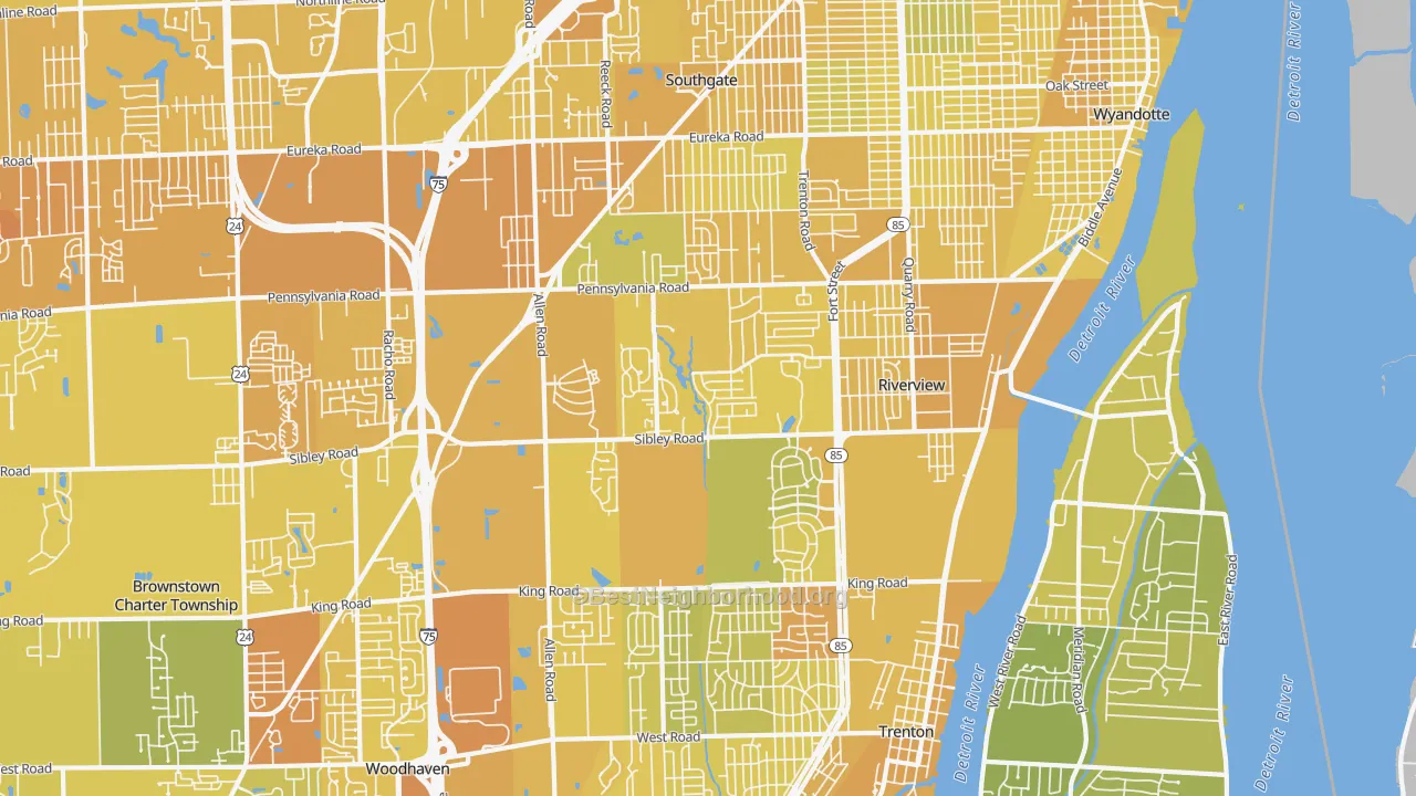 Map of the best neighborhoods in the 48193 area, with better matches in green and worse matches in red