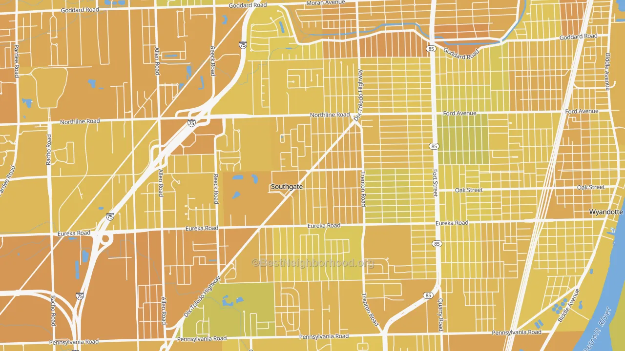 Map of the best neighborhoods in the 48195 area, with better matches in green and worse matches in red