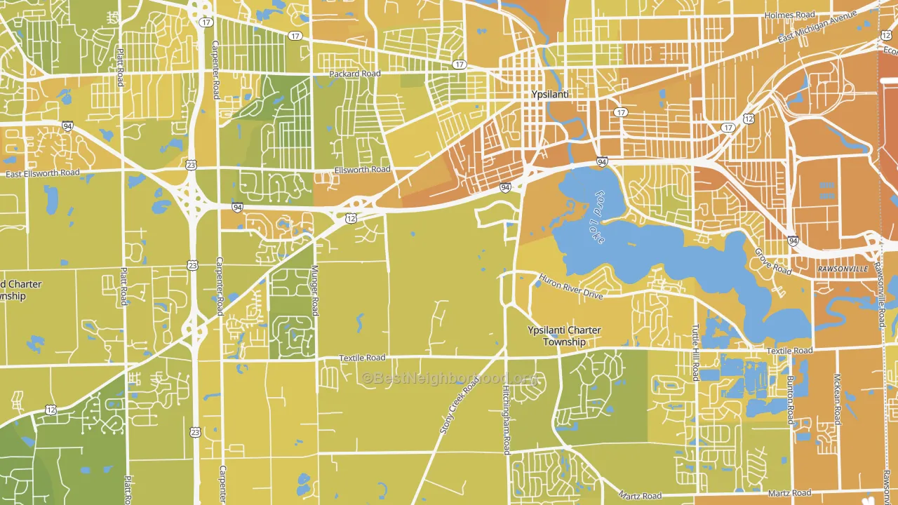 Map of the best neighborhoods in the 48197 area, with better matches in green and worse matches in red