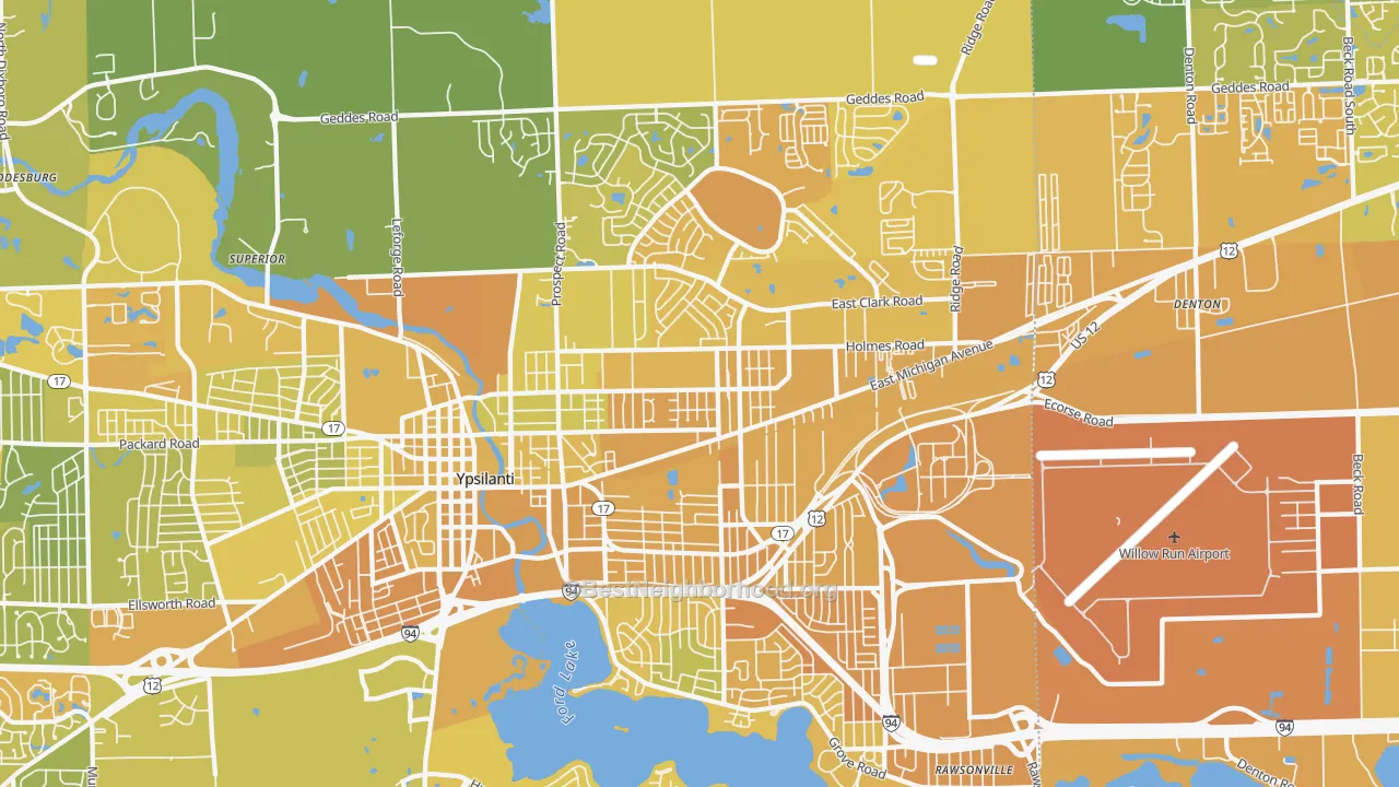 Map of the best neighborhoods in the 48198 area, with better matches in green and worse matches in red