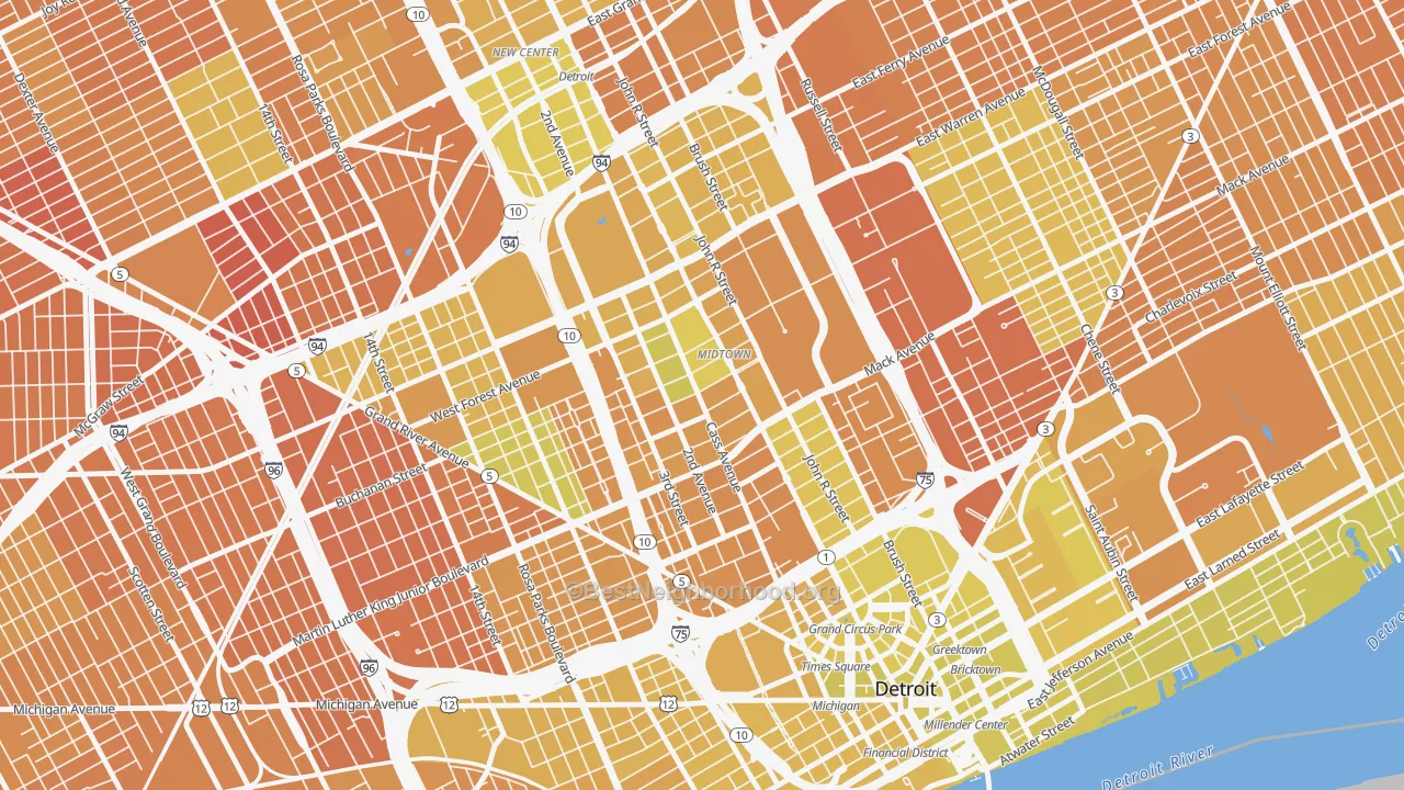 Map of the best neighborhoods in the 48201 area, with better matches in green and worse matches in red