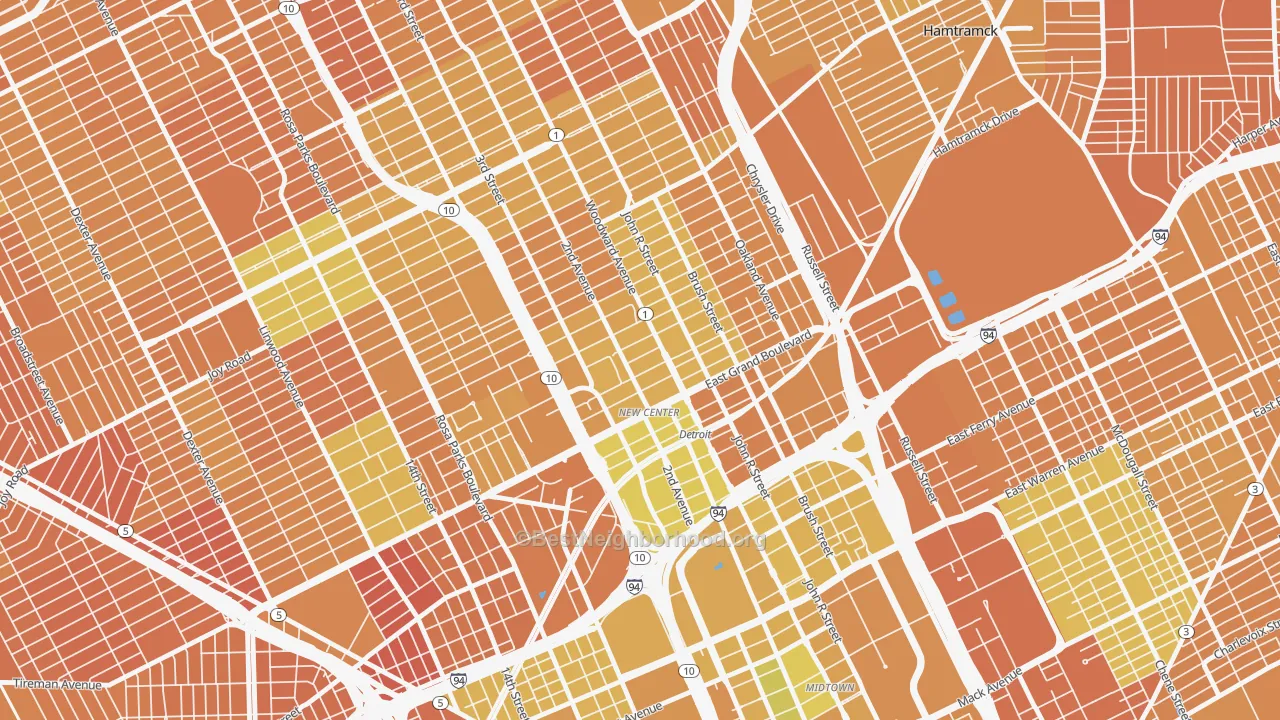Map of the best neighborhoods in the 48202 area, with better matches in green and worse matches in red
