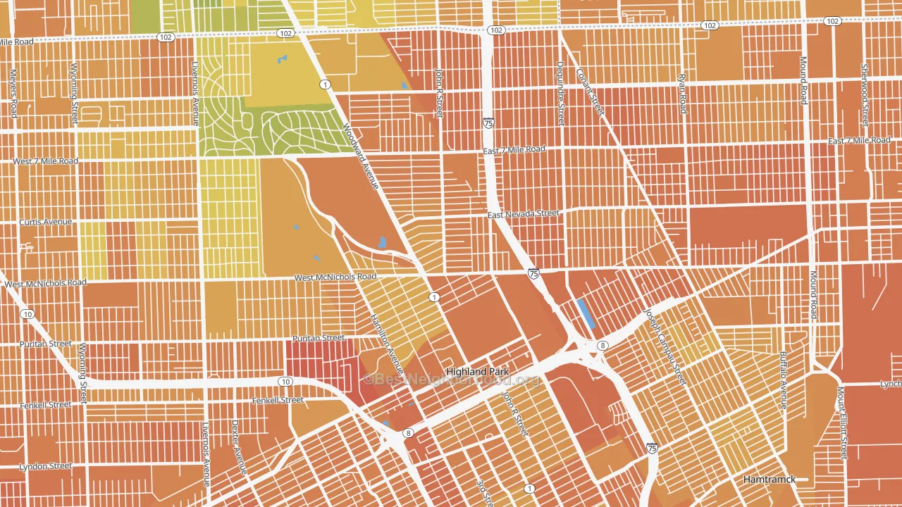 Map of the best neighborhoods in the 48203 area, with better matches in green and worse matches in red