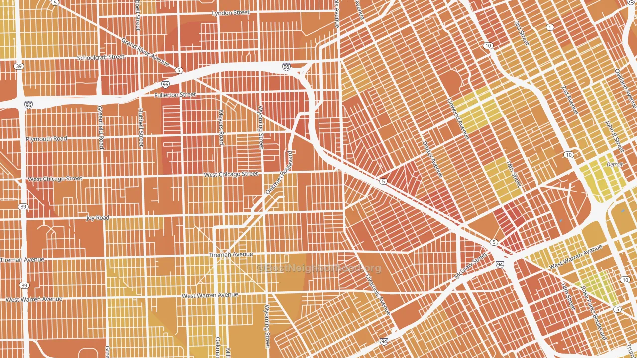 Map of the best neighborhoods in the 48204 area, with better matches in green and worse matches in red