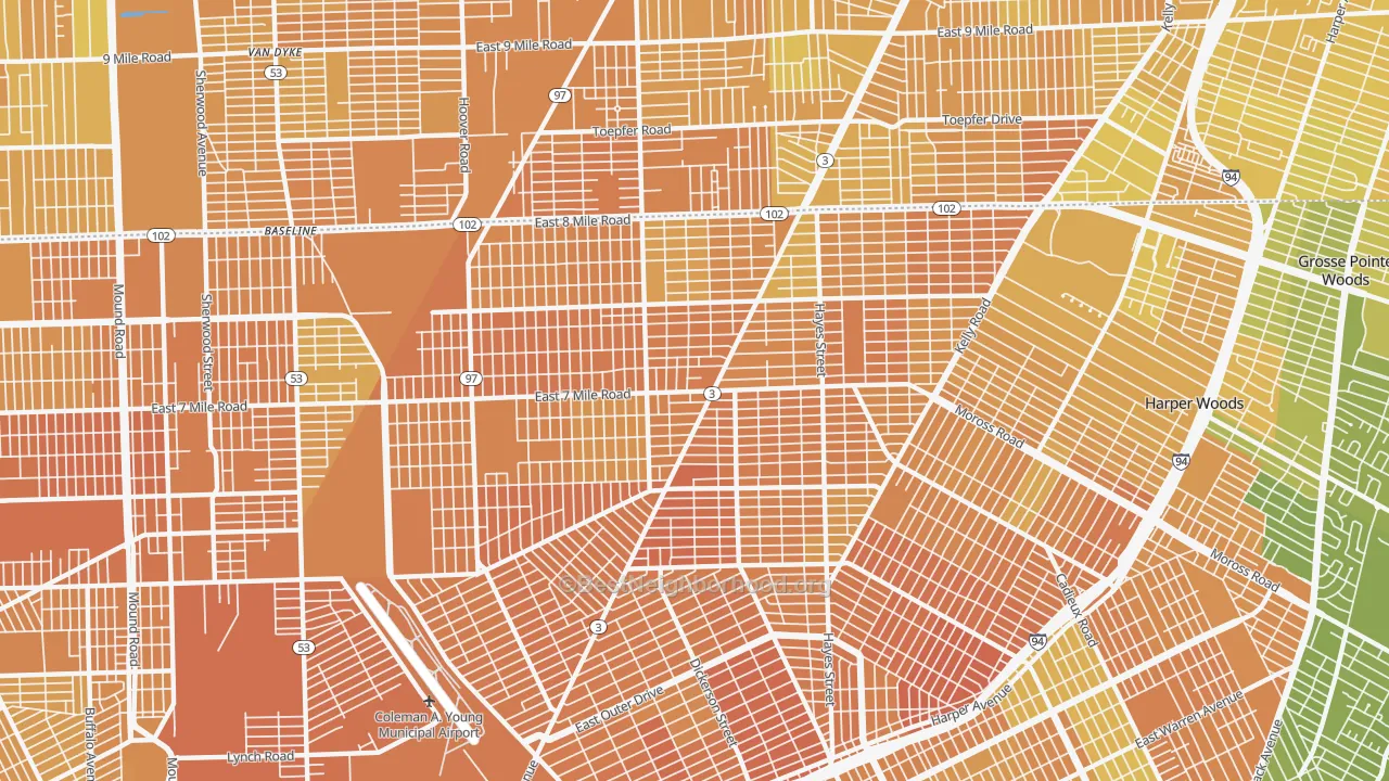 Map of the best neighborhoods in the 48205 area, with better matches in green and worse matches in red
