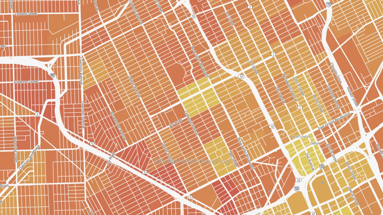 Map of the best neighborhoods in the 48206 area, with better matches in green and worse matches in red