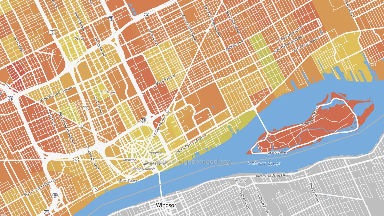 Map of the best neighborhoods in the 48207 area, with better matches in green and worse matches in red