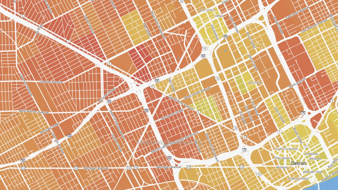 Map of the best neighborhoods in the 48208 area, with better matches in green and worse matches in red