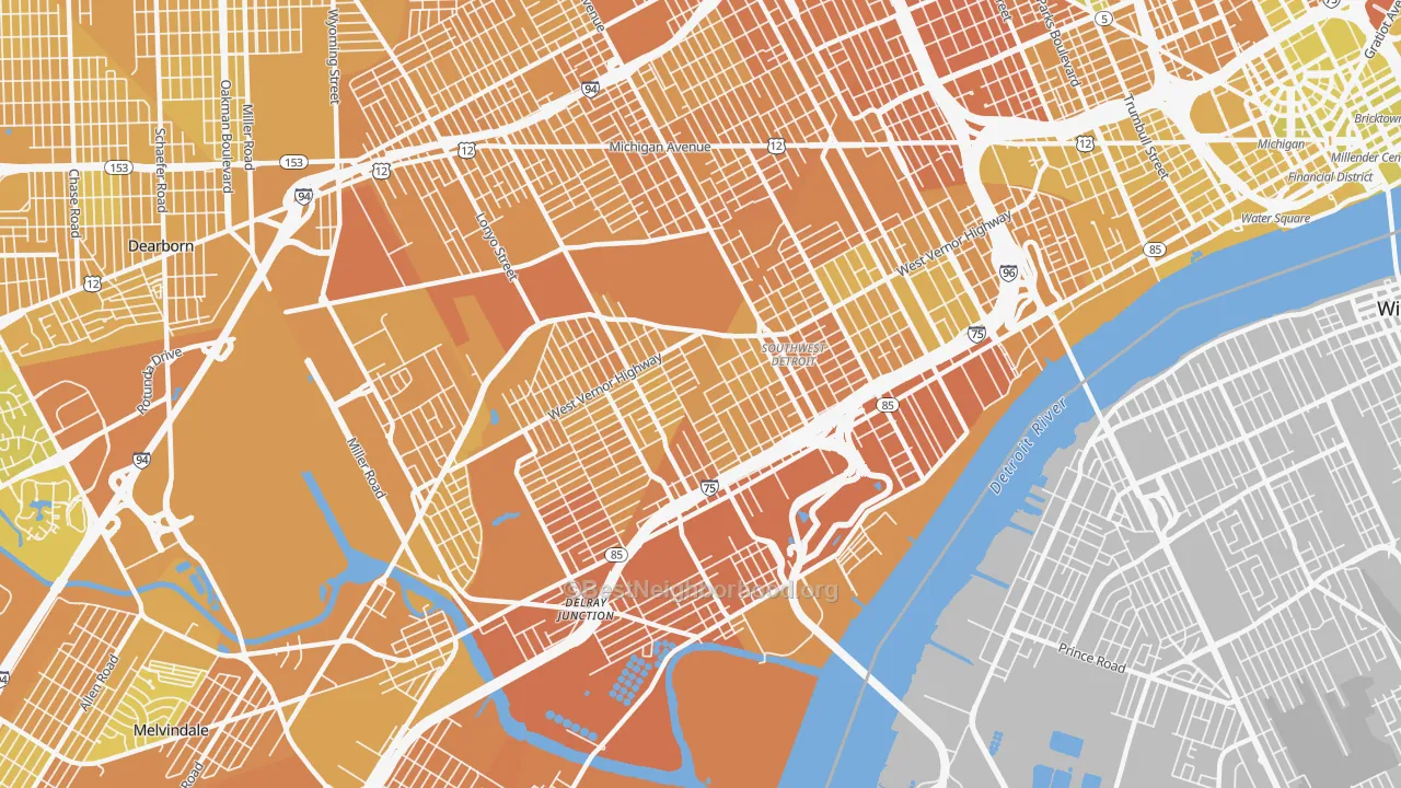 Map of the best neighborhoods in the 48209 area, with better matches in green and worse matches in red