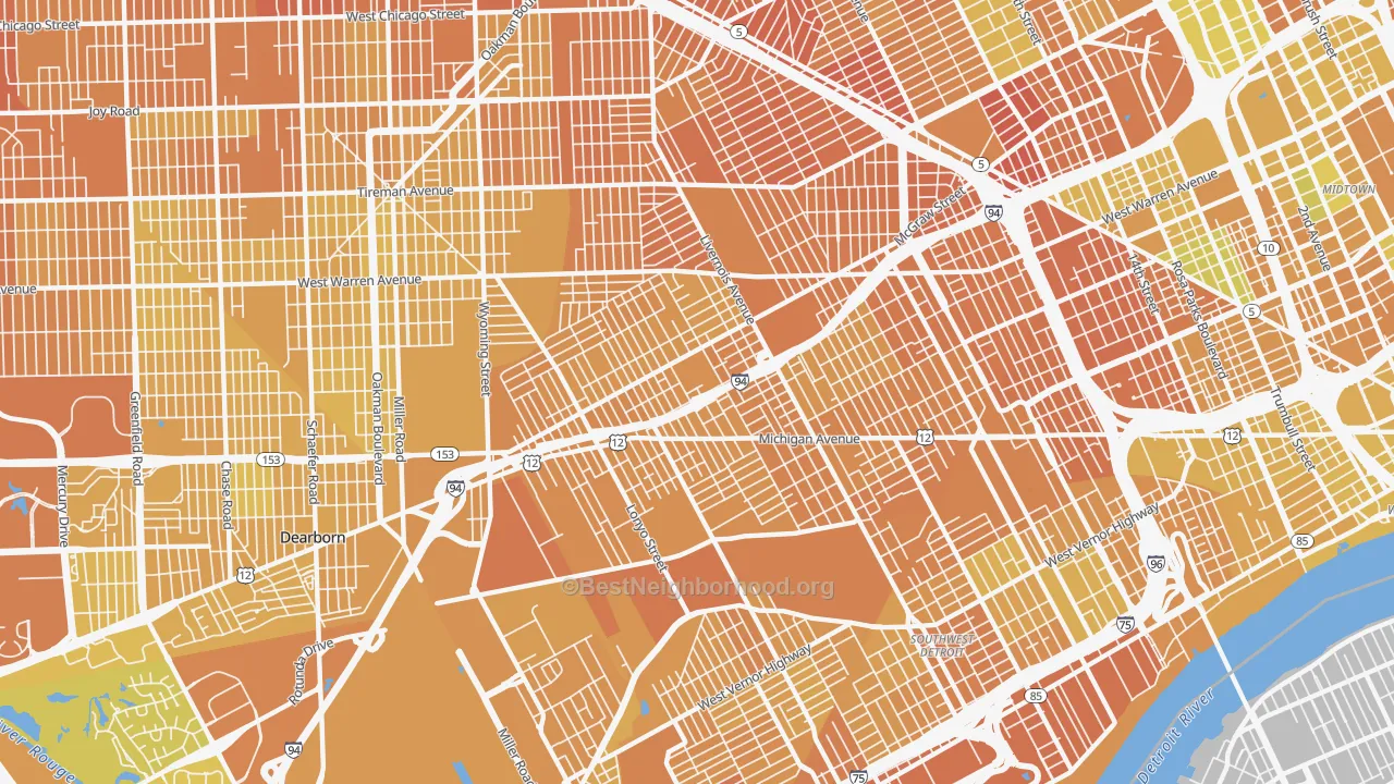 Map of the best neighborhoods in the 48210 area, with better matches in green and worse matches in red