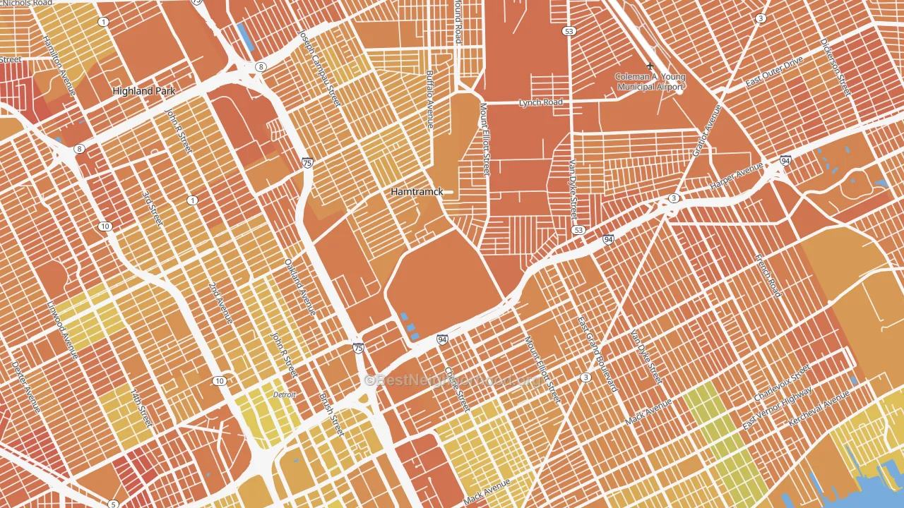 Map of the best neighborhoods in the 48211 area, with better matches in green and worse matches in red