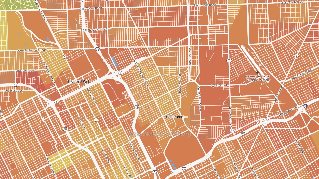 Map of the best neighborhoods in the 48212 area, with better matches in green and worse matches in red