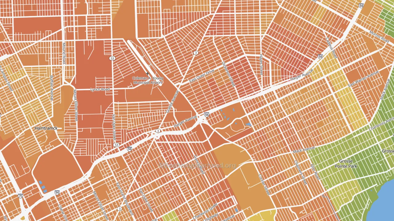 Map of the best neighborhoods in the 48213 area, with better matches in green and worse matches in red