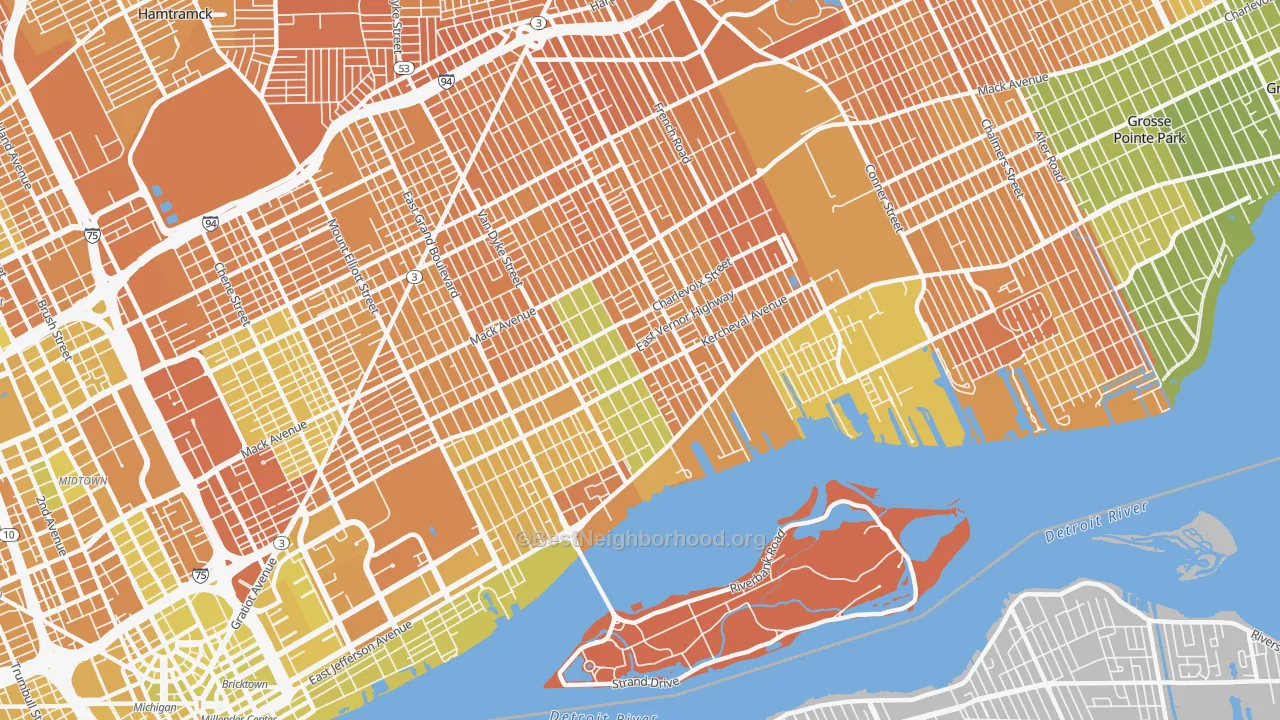 Map of the best neighborhoods in the 48214 area, with better matches in green and worse matches in red