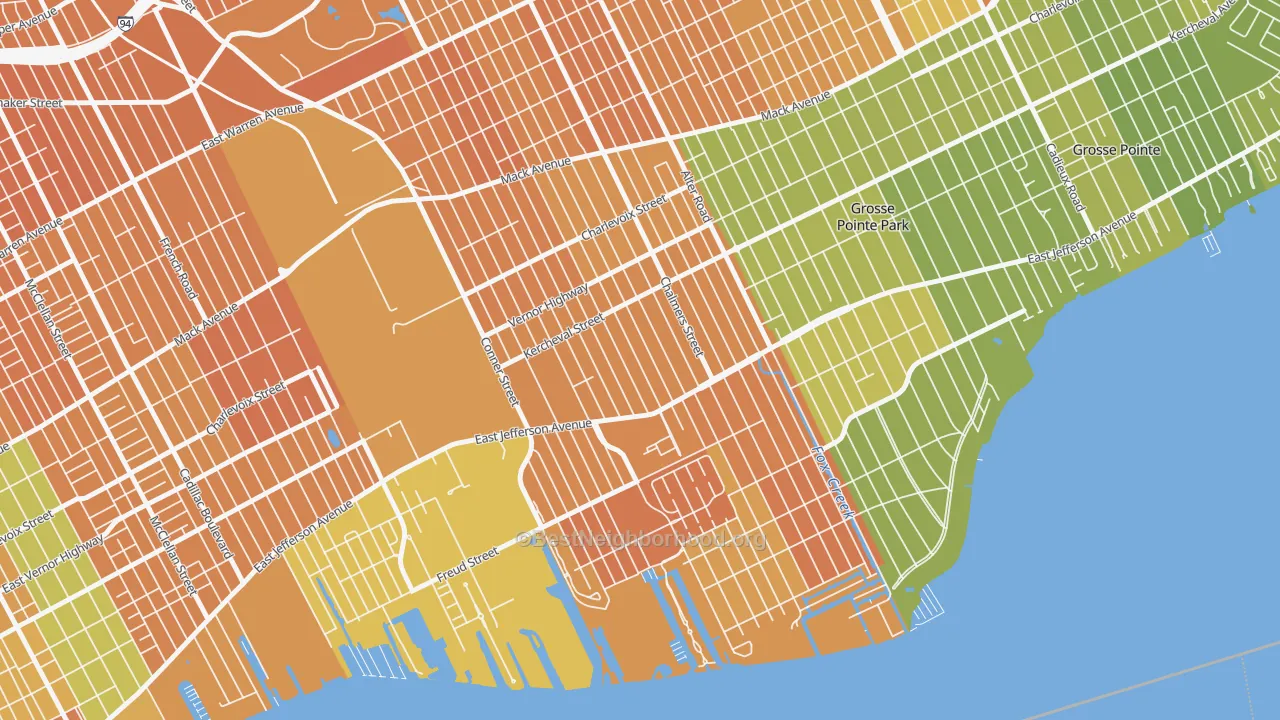 Map of the best neighborhoods in the 48215 area, with better matches in green and worse matches in red