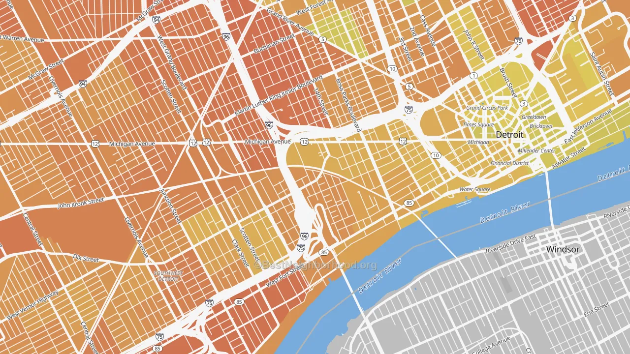 Map of the best neighborhoods in the 48216 area, with better matches in green and worse matches in red