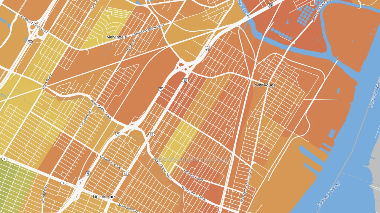 Map of the best neighborhoods in the 48217 area, with better matches in green and worse matches in red