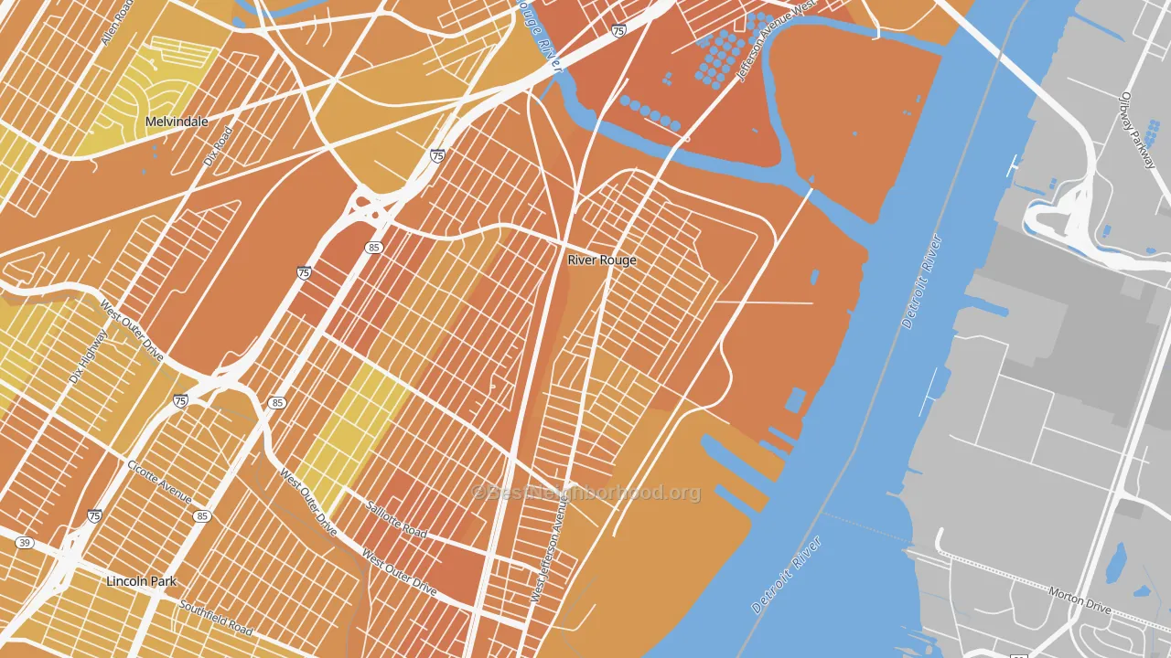 Map of the best neighborhoods in the 48218 area, with better matches in green and worse matches in red